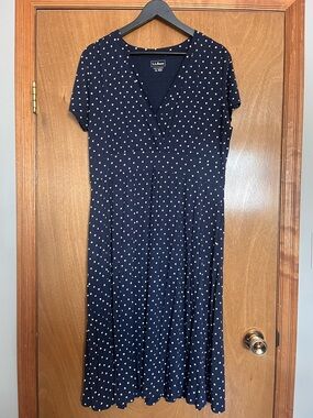 L.L. Bean Navy and White Polka Dot Midi Dress